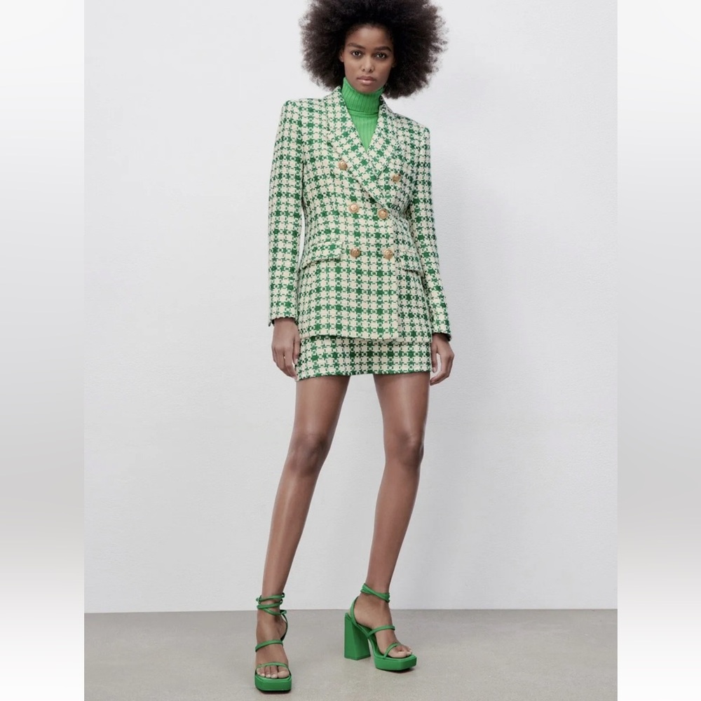 Zara Women Blazer Textured Tweed Double Breasted Green Gold Buttons Size XL NEW